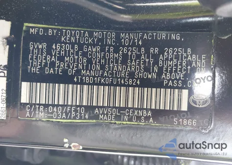 2015 Toyota Camry Hybrid Le z USA, uszkodzony, nr VIN 4T1BD1FK0FU145824